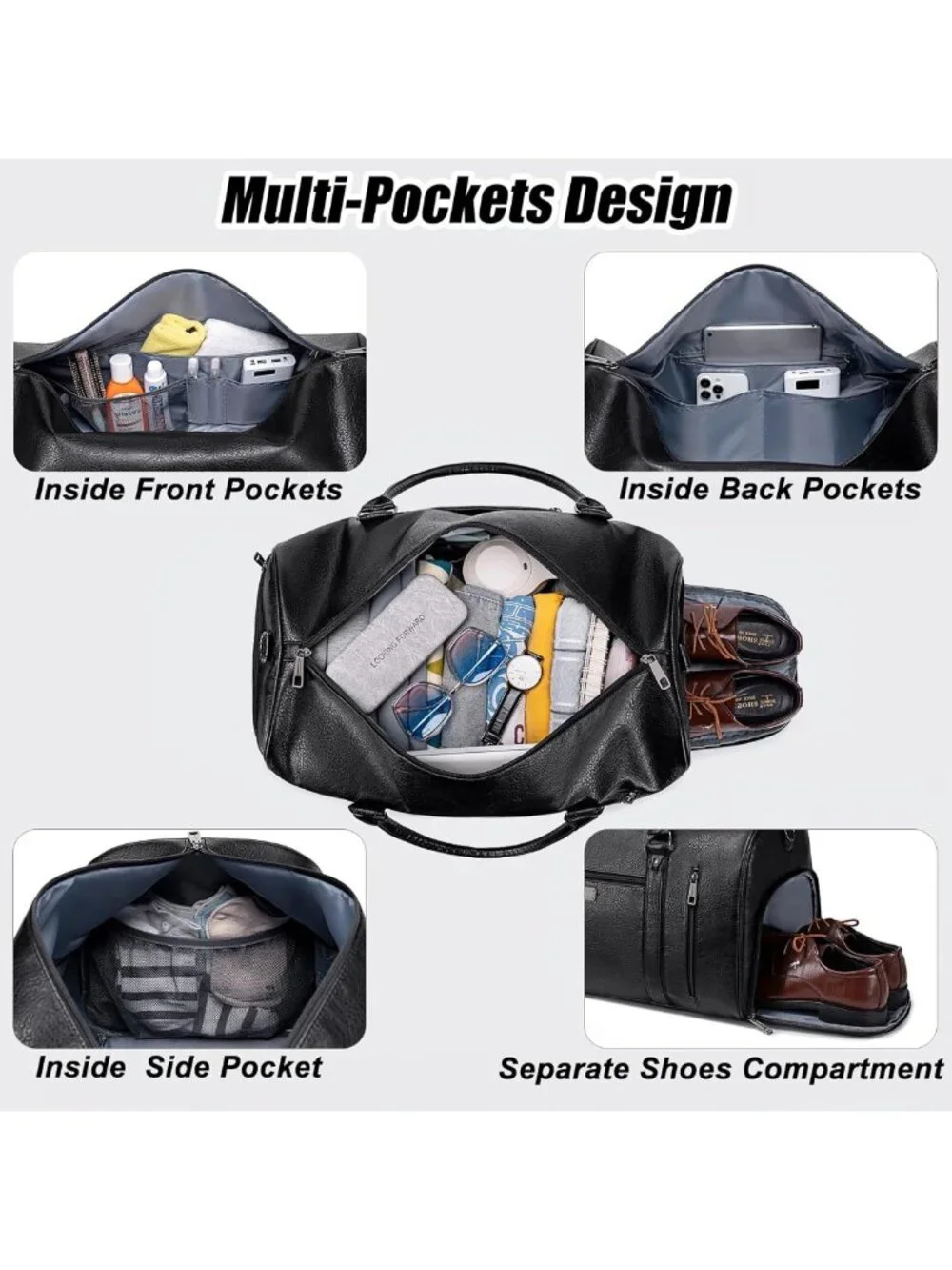Spacious Faux Leather Travel Duffel Bag with Shoe Compartment & Toiletry Bag